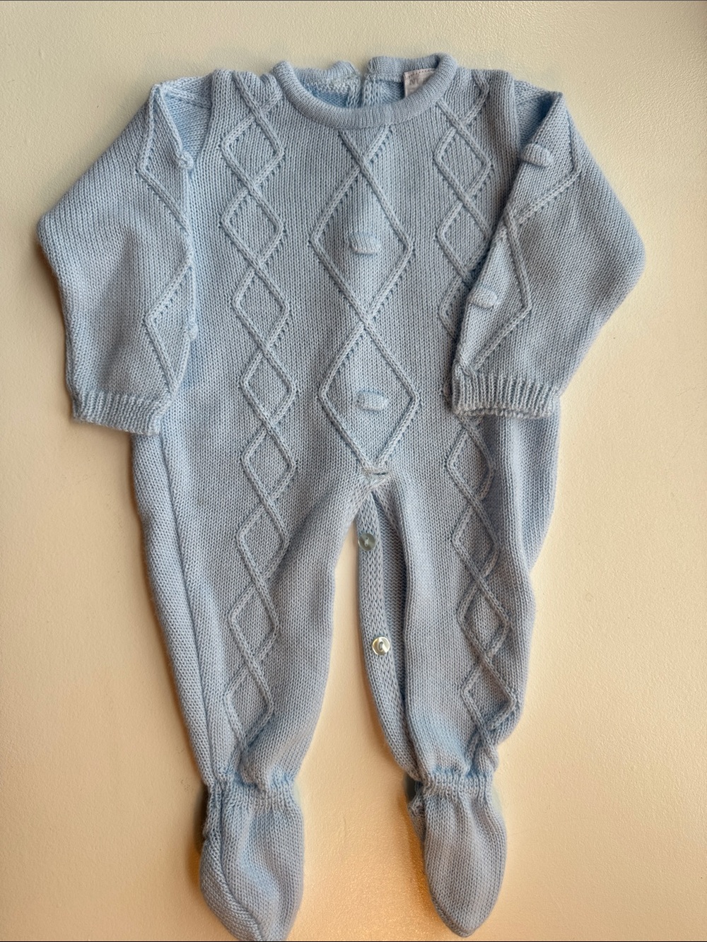 Vintage Knit Footed One-Piece Romper in Light Blue